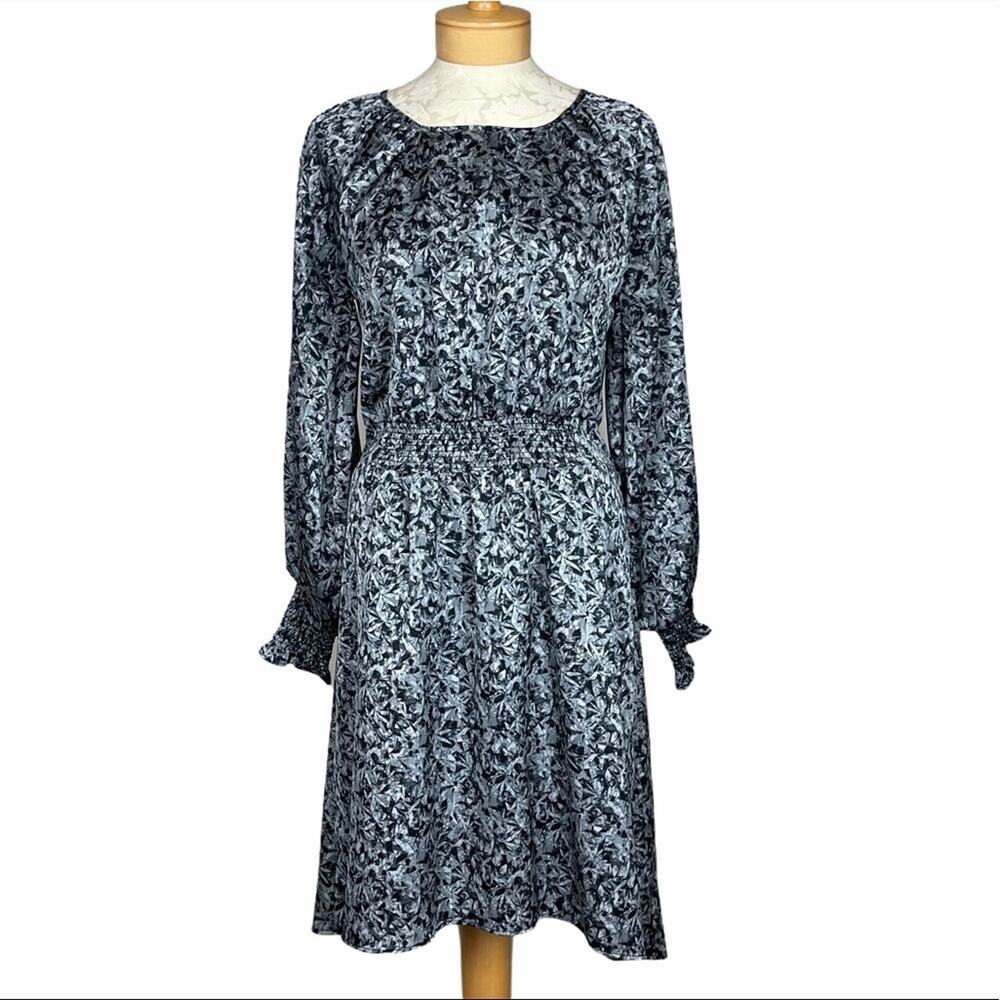 H by Halston Long Sleeve Leaf Print Dress Gray M